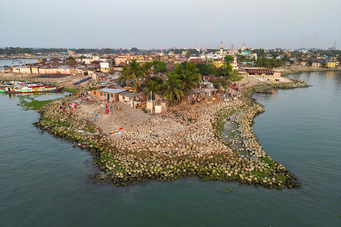 Aerial of peninsula at the confluence of Dakatiya river and Meghna river, Chandpur, Chandpur District, Bangladesh, Asia