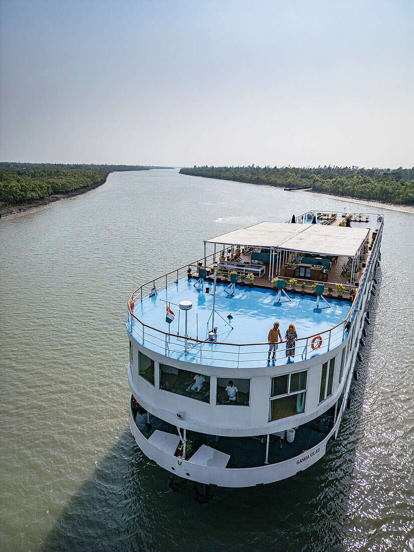  Aerial view of river cruise ship RV Thurgau Ganga Vilas (Thurgau Travel) near Saptamukhi Estuary, Pakhiralay, near Gosaba, South 24 Parganas District, West Bengal, India, Asia 