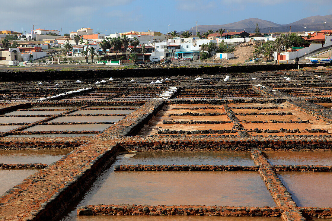 Evaporation of sea water in salt pans, Museo de la Sal, Salt museum, Las Salinas del Carmen, Fuerteventura, Canary Islands, Spain