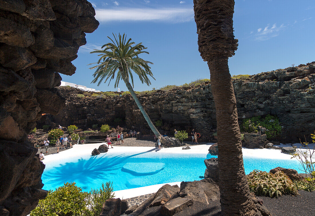 Tropical garden and Jameo Grande swimming pool Jameos de Aqua designed by Cesar Manrique, Lanzarote, Canary Islands, Spain