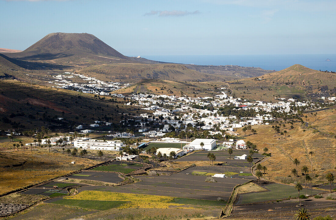 Blick über Kakteen und weiß getünchte Häuser zum Vulkankegel Monte Corona, Dorf Haria, Lanzarote, Kanarische Inseln, Spanien