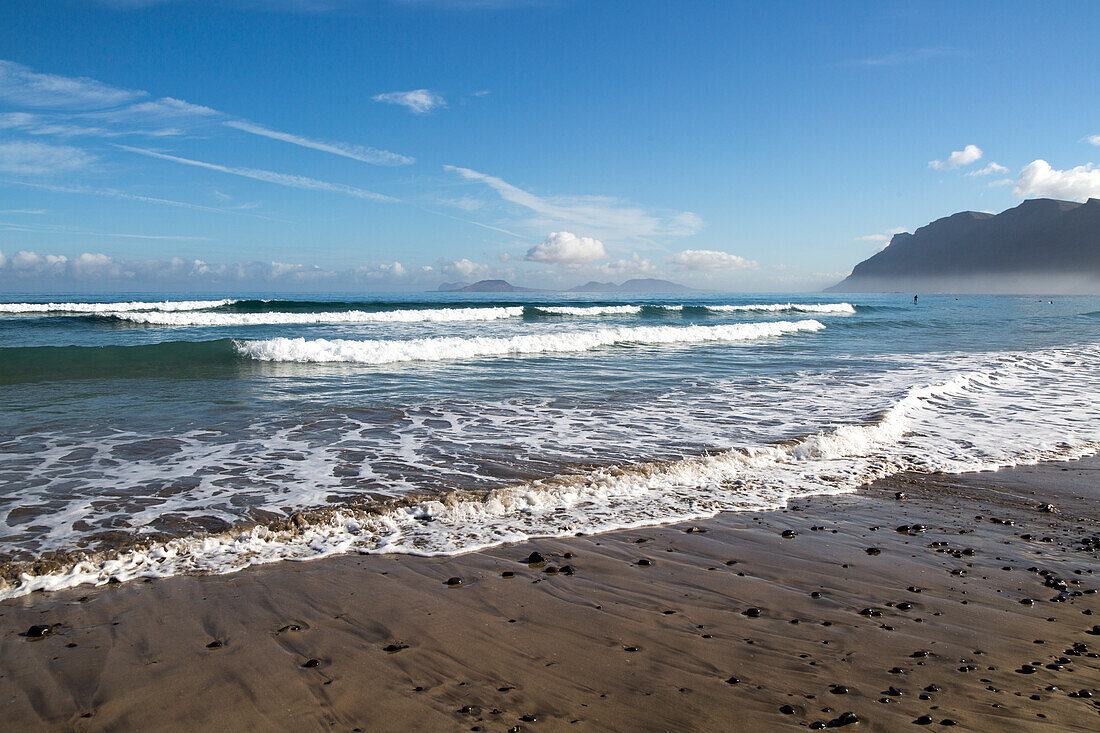 Atlantic Ocean coast beach and waves, Caleta de Famara, Lanzarote, Canary islands, Spain