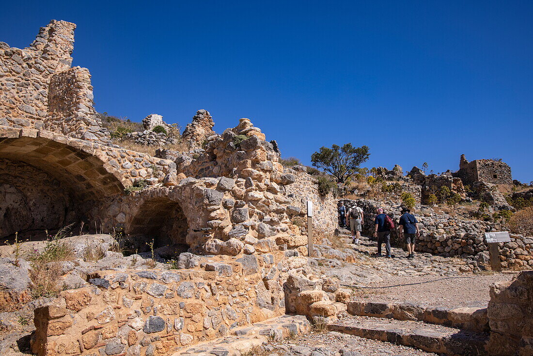  People climbing stairs to the upper town, Monemvasia, Peloponnese, Greece, Europe 