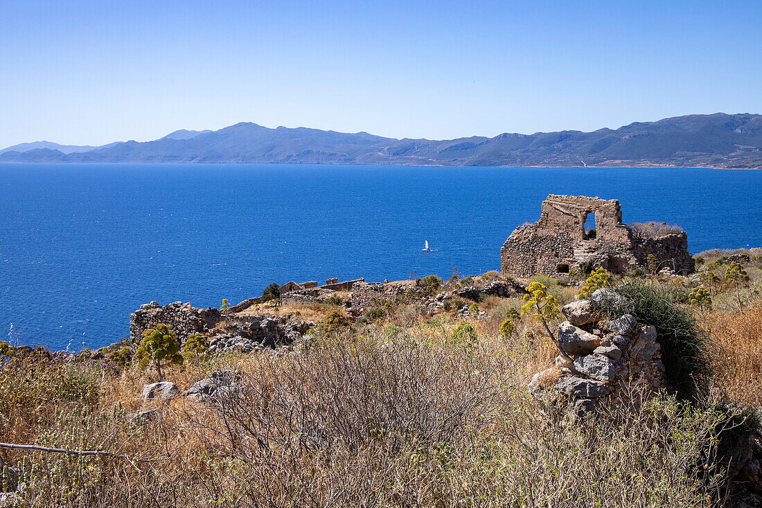  Archaeological ruins and sea, Monemvasia, Peloponnese, Greece, Europe 