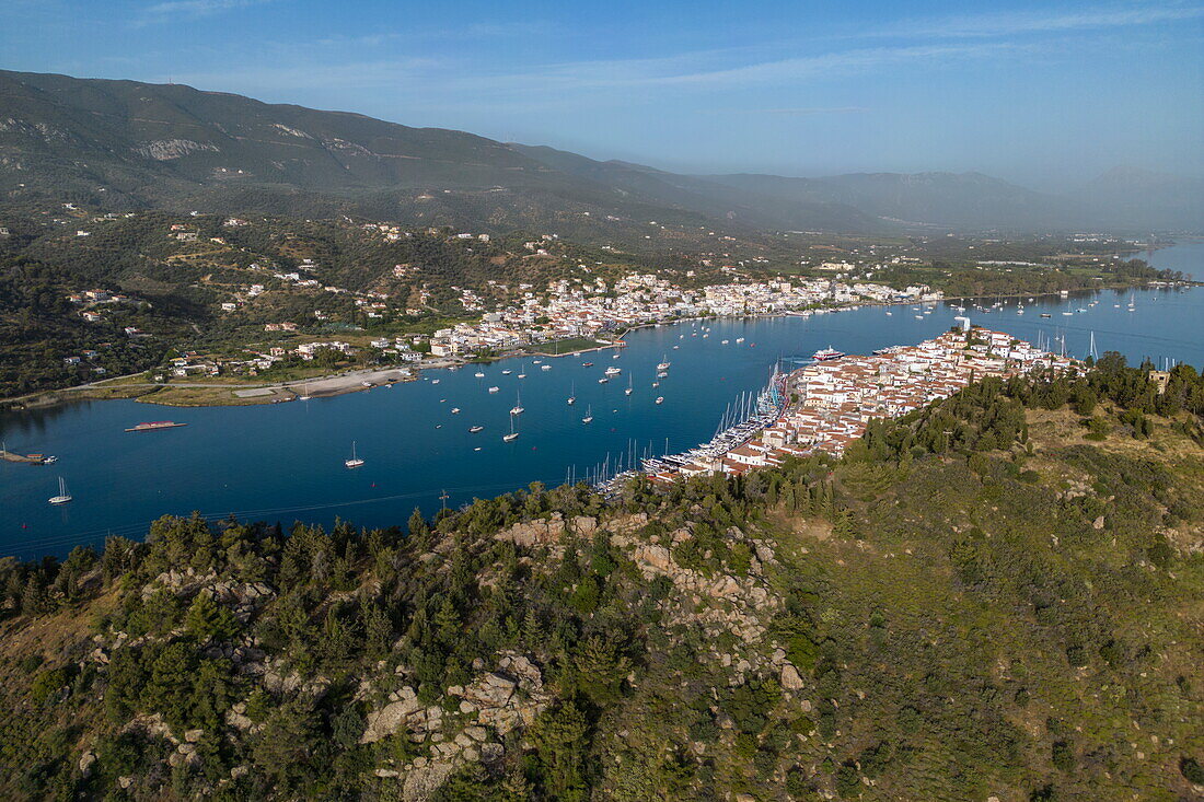  Aerial view of town and bay, Poros, Attica, Greece, Europe 