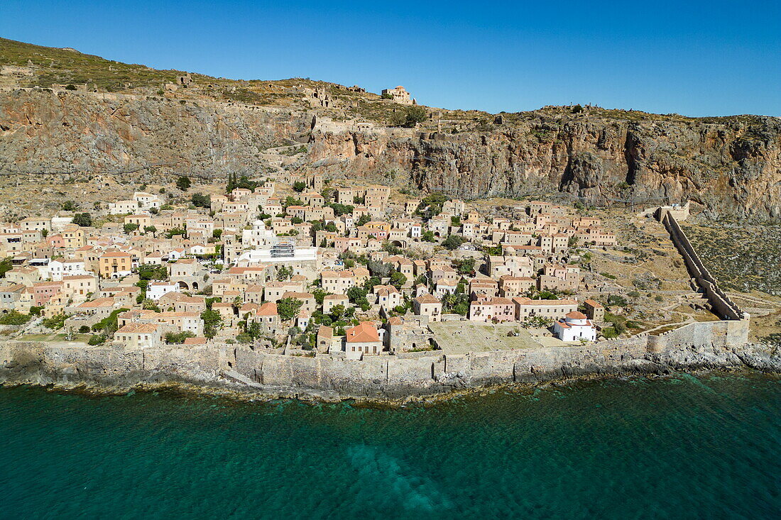  Aerial view of island with town, Monemvasia, Peloponnese, Greece, Europe 