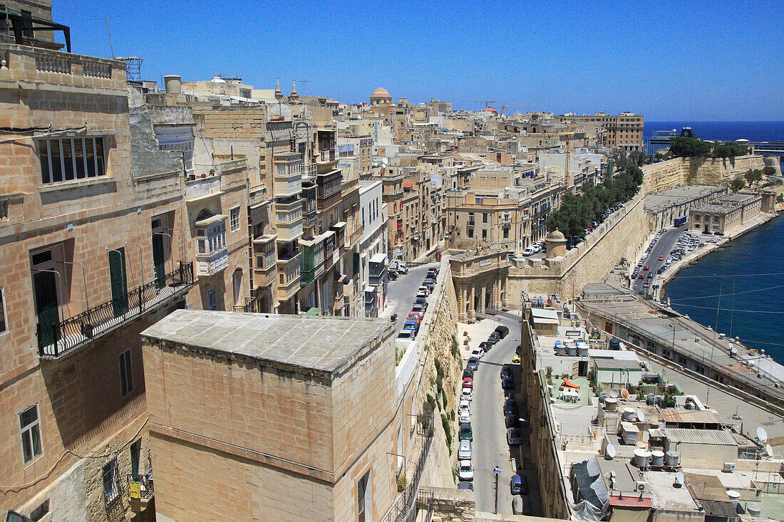 Historic buildings on the Grand Harbour waterfront in Valletta, Malta