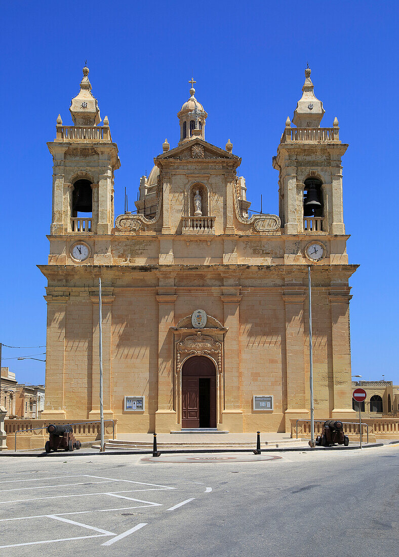 Seventeenth century Baroque architecture St Philip of Agira parish church at Zebbug, island of Gozo, Malta