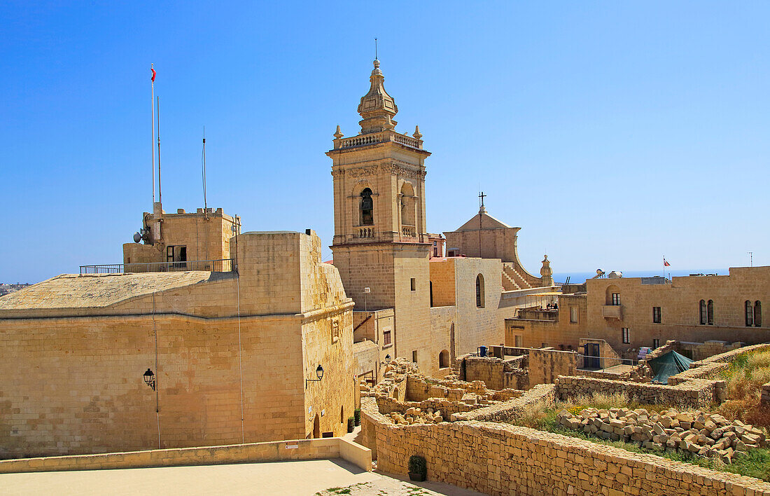 Cathedral church tower and ruins inside citadel castle walls Il-Kastell, Victoria Rabat, Gozo, Malta