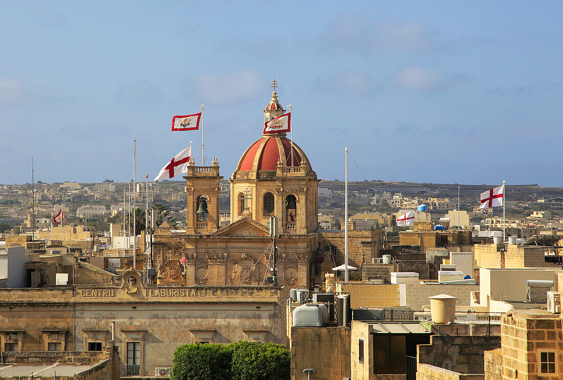 Domed roof of basilica St George church in town centre of Victoria Rabat, Gozo, Malta