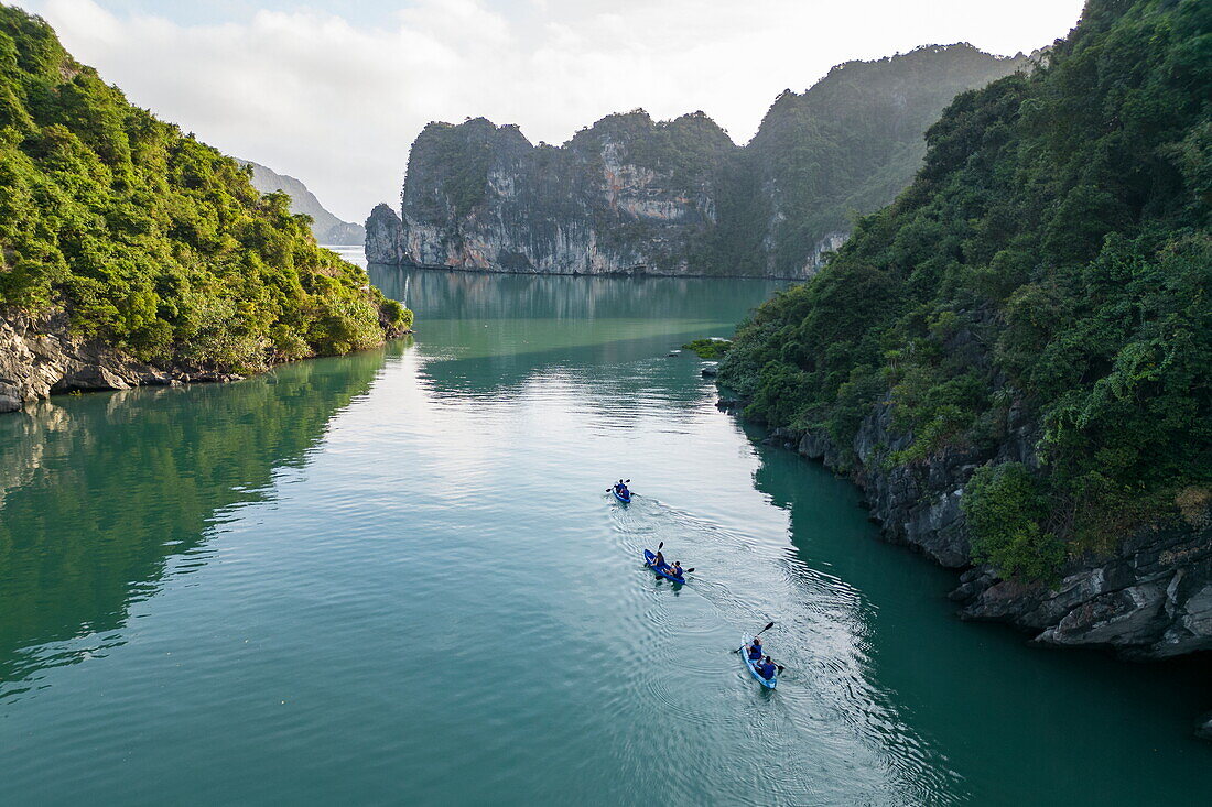  Aerial view of a kayaking excursion for passengers of the cruise ship Ginger (Heritage Line) along a bay amidst karst islands, Lan Ha Bay, Haiphong, Vietnam, Asia 