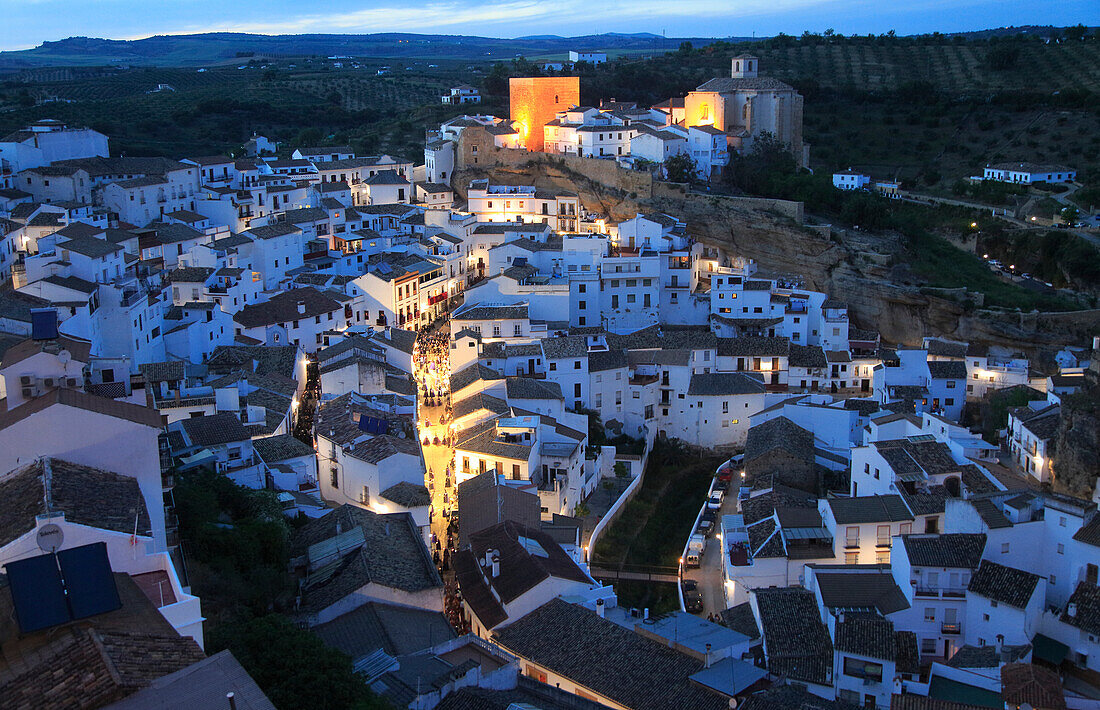 Easter procession at night through streets of Setenil de las Bodegas, Cadiz province, Spain