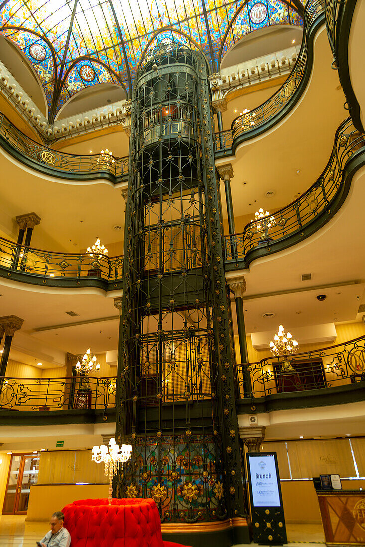 Art Nouveau interior elevator lift structure, Gran Hotel Ciudad de México, Mexico City, Mexico