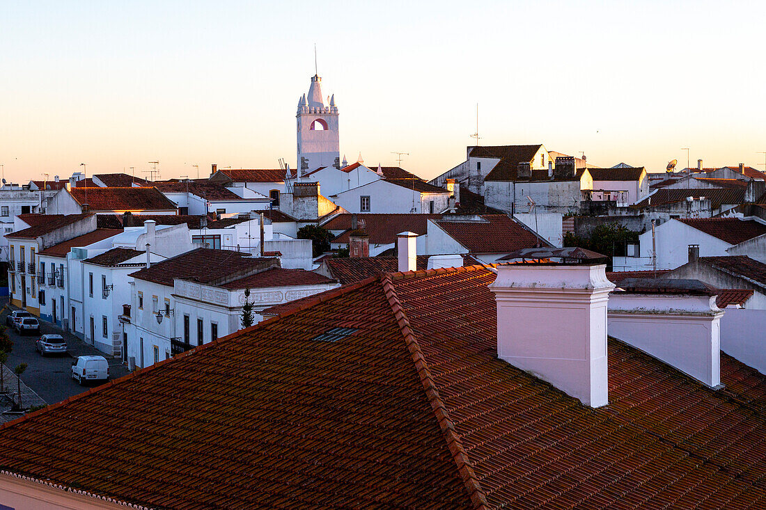 View over rooftops of buildings in village of Alvito, Beja District, Baixo Alentejo, Portugal, Southern Europe