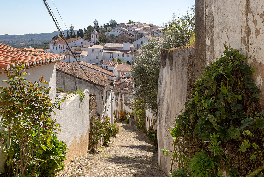 Cobbled street in Judiara the former Jewish part of Castelo de Vide, Alto Alentejo, Portugal, southern Europe