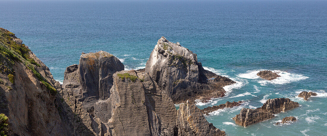 Rocky rugged coastline near Azenha do Mar, Alentejo Littoral, Portugal, southern Europe with white storks ( Ciconia ciconia) nesting on cliffs