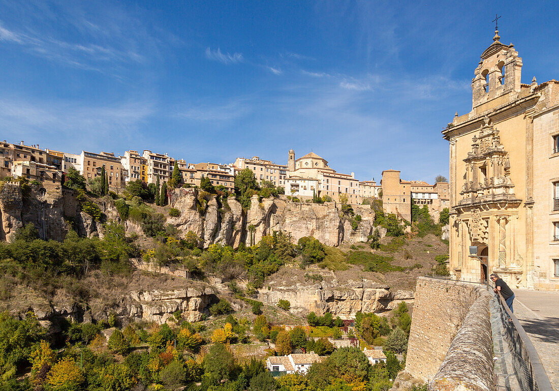 Historic buildings on cliff of river gorge, Rio Huecar, Cuenca, Castille La Mancha, Spain