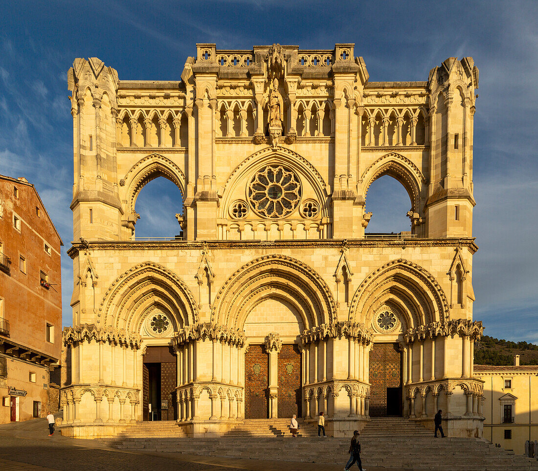 Frontage of cathedral church building,  Cuenca, Castille La Mancha, Spain, Gothic architecture