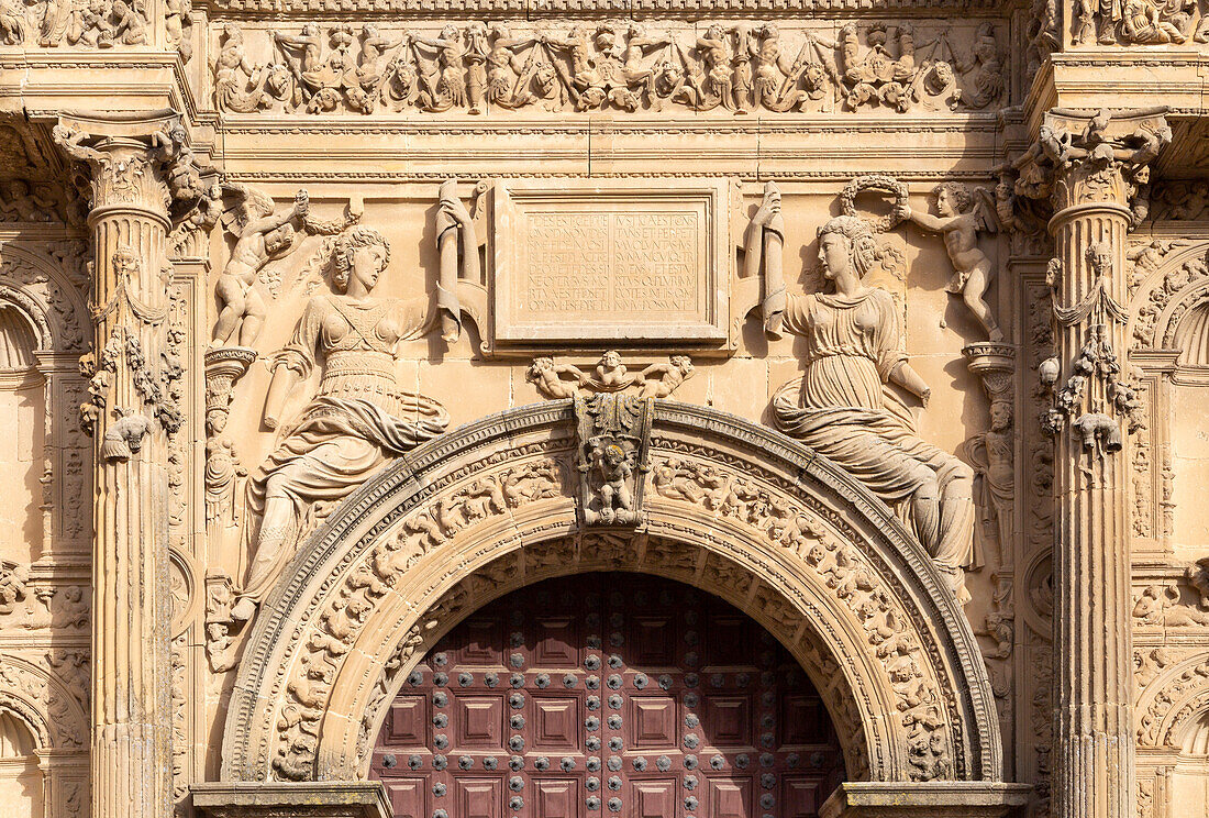 Geschnitzte Mauerwerk Detail, Kirche der Heiligen Kapelle von El Salvador, Sacra Capilla del Salvador, Ubeda, Spanien