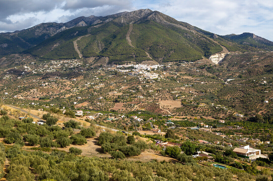 Dorf Alcaucin und dem Berg Maroma, Sierra de Tejeda, Axarquía, Andalusien, Spanien