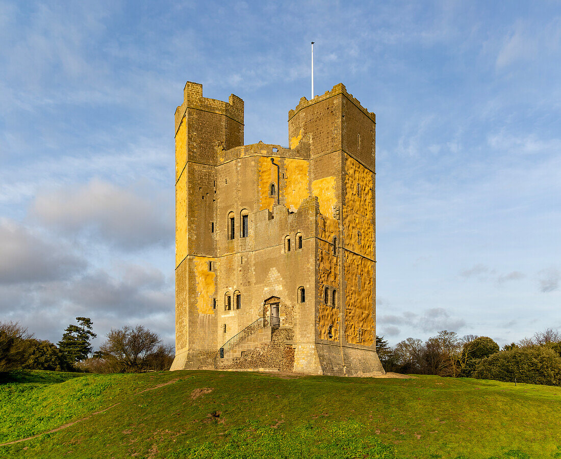 Yellow rendering on stonework conservation project, Orford Castle, Suffolk, England, UK