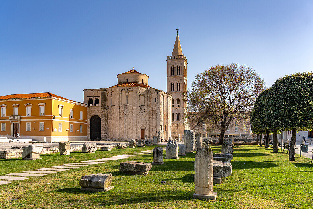  The Church of St. Donatus, Roman forum remains and the St. Anastasia&#39;s Cathedral belltower in Zadar, Croatia, Europe \n 