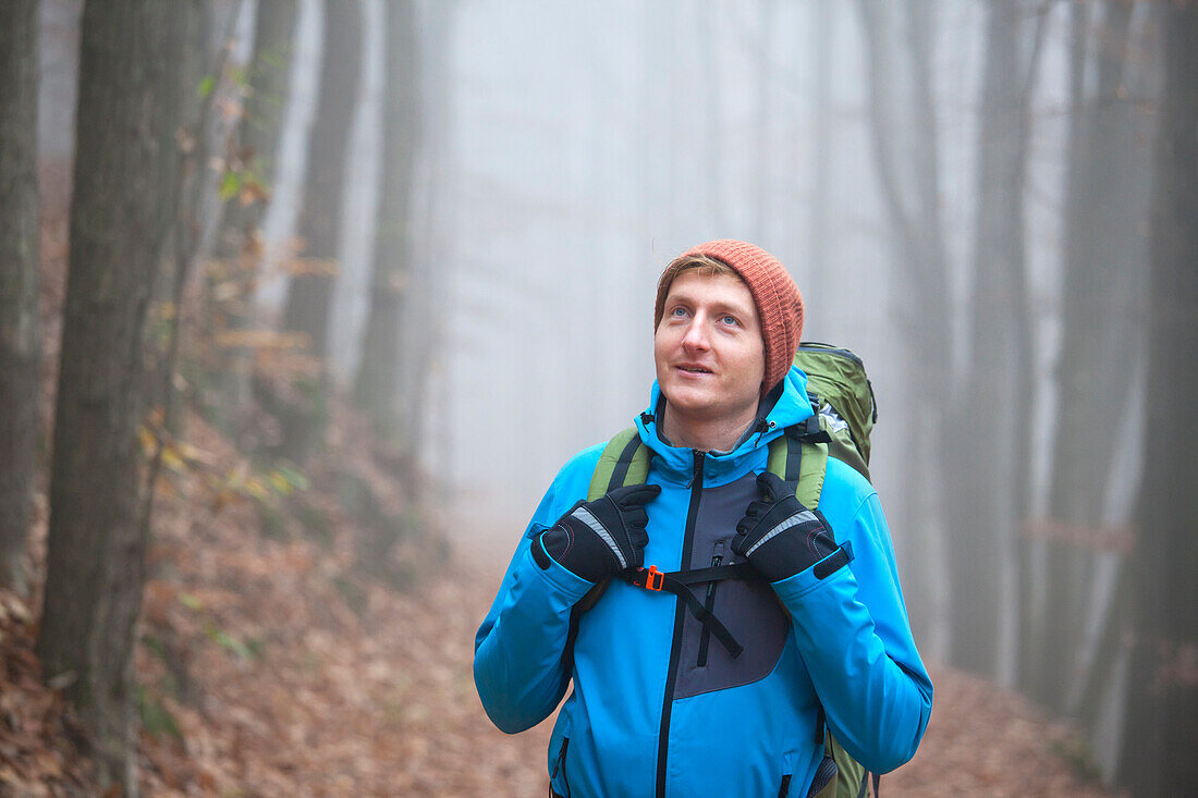  Hikers in the autumnal Palatinate Forest, Deidesheim, Rhineland-Palatinate, Germany 