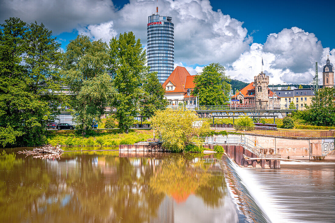  Saalewehr in Jena in Paradies with the Jentower and the city church in the background, Jena, Thuringia, Germany 