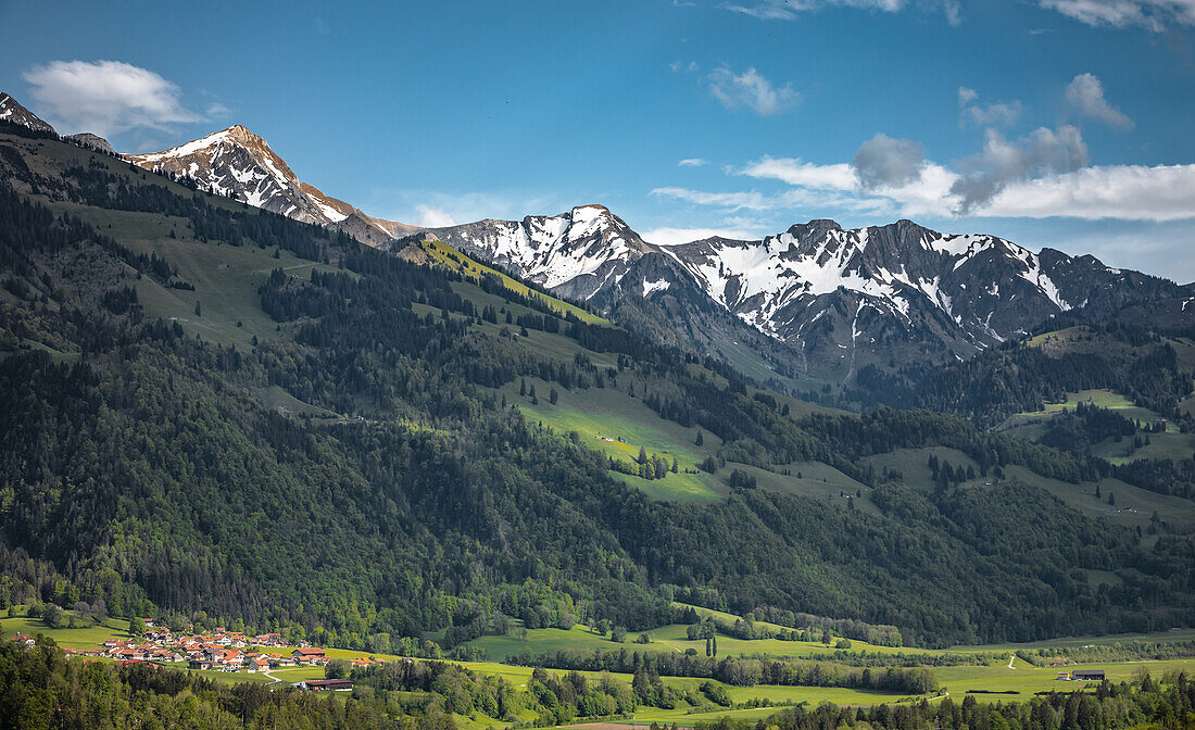  View of the Swiss Alps from the small village of Gruyeres in the canton of Fribourg, Switzerland 