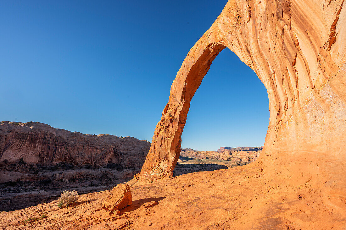 Felsenbogen Corona Arch bei Sonnenaufgang, Arches National Park, Canyonlands, Moab, Utah, USA, Vereinigte Staaten