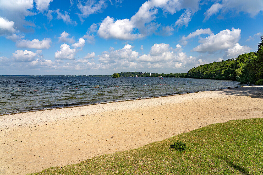  Beach of the Princes&#39; Island in the Great Plön Lake near Plön, Schleswig-Holstein, Germany  