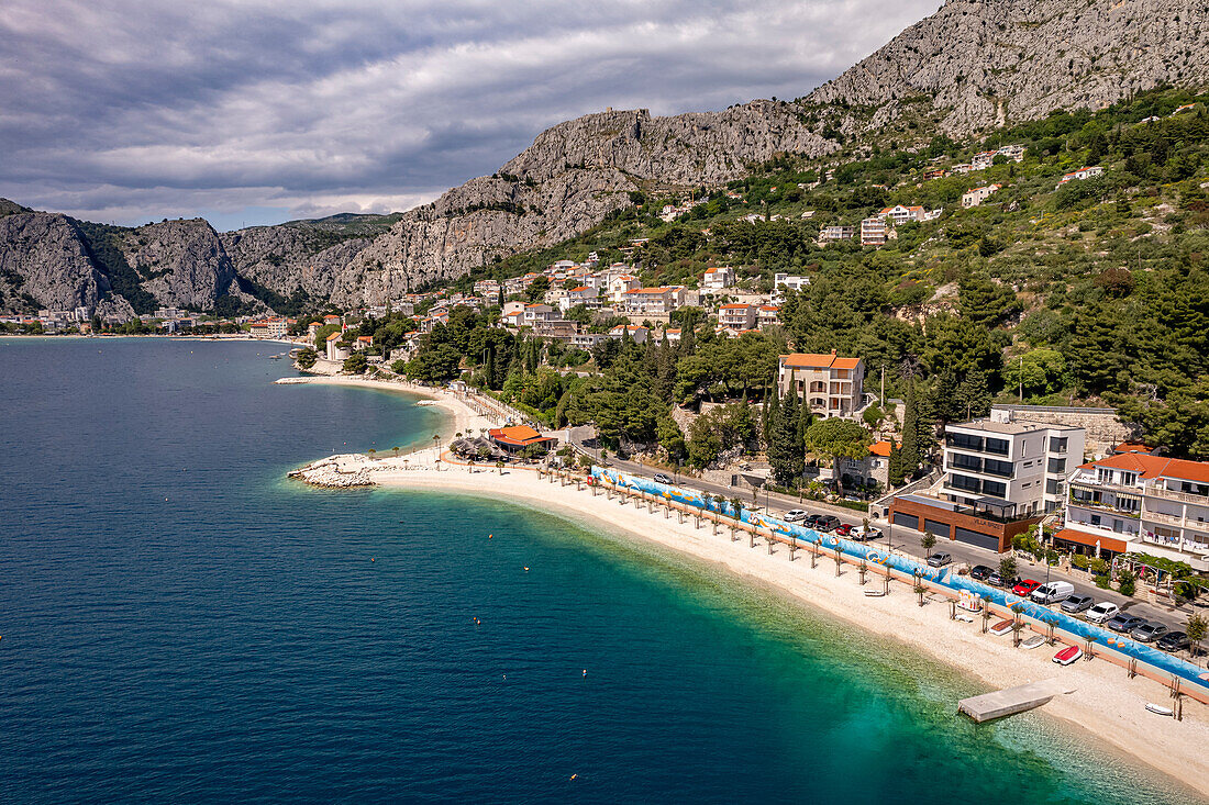  Brzet beach in Omis seen from the air, Croatia, Europe 