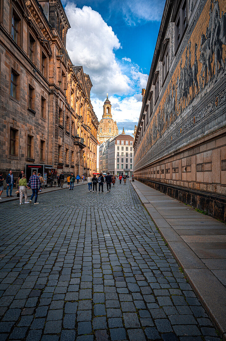  The Procession of Princes with the Frauenkirche in the background in Dresden Old Town, Dresden, Saxony, Germany 