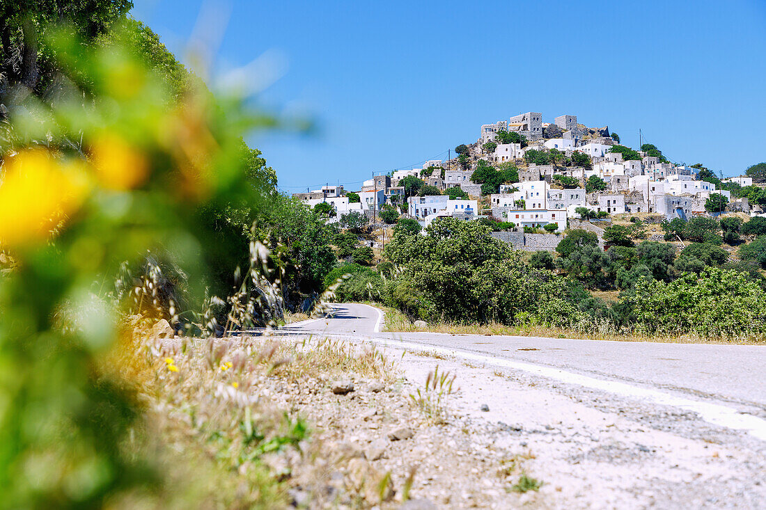  Mountain road and mountain village Emborió (Emporios, Emporio) on the island of Nissyros (Nisyros, Nissiros, Nisiros) in Greece 