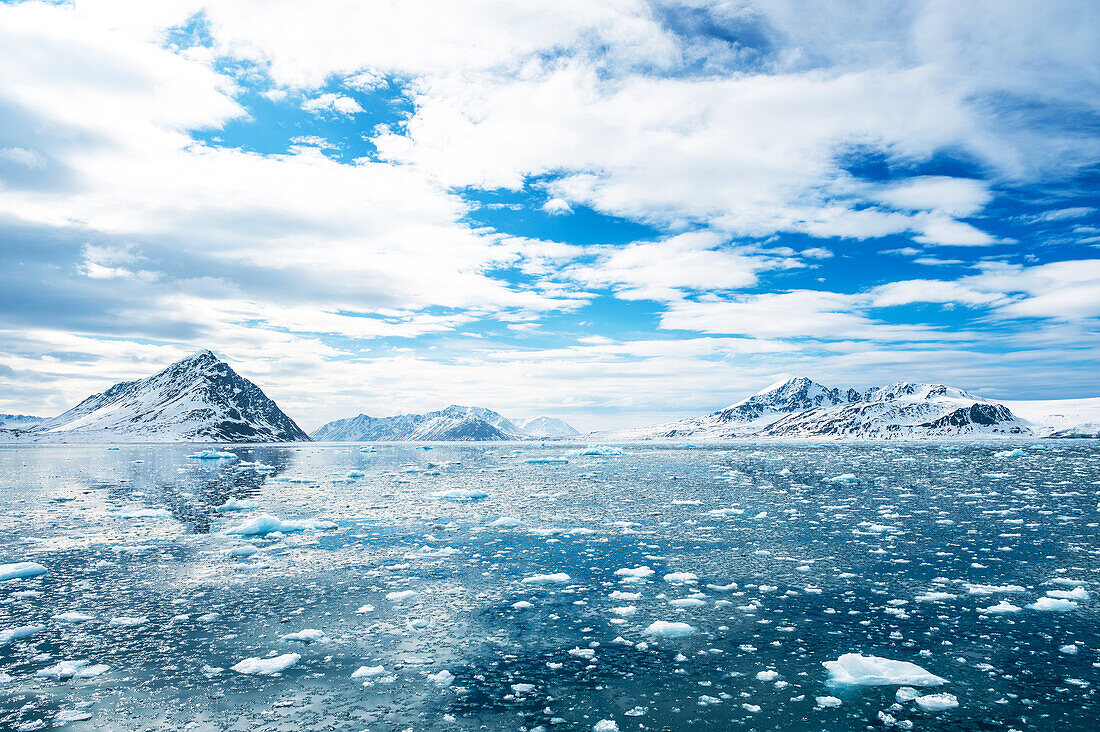  Ice floes in Krossfjord, Spitsbergen, Svalbard, Norway, Arctic 