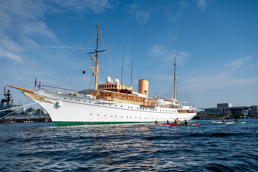  Dannebrog, royal yacht of the Danish royal family, built in 1932. Here in the harbor of Copenhagen, Denmark 