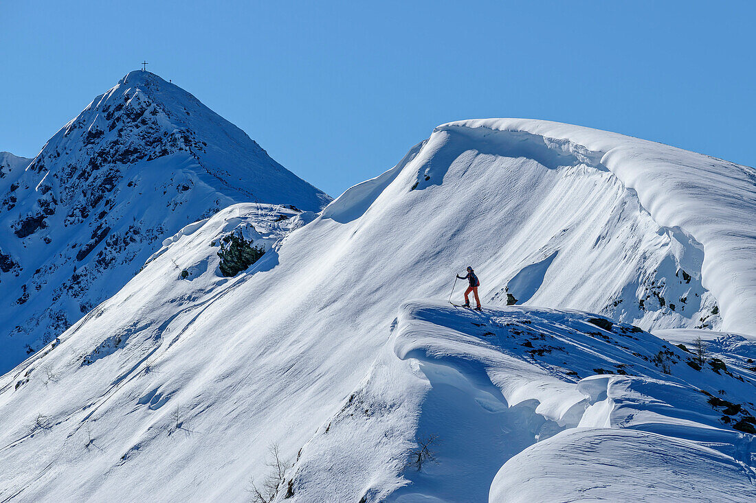  Woman on ski tour ascends via Wechtengrat to Standkopf, Standkopf, Kitzbühel Alps, Tyrol, Austria 