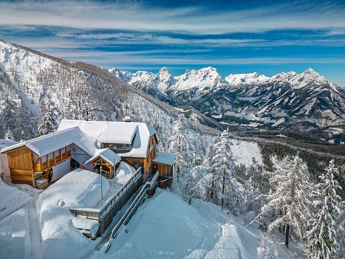  Snow-covered Zeller Hut with Spitzmauer and Grosser Priel in the background, Zeller Hut, Totes Gebirge, Upper Austria, Austria 