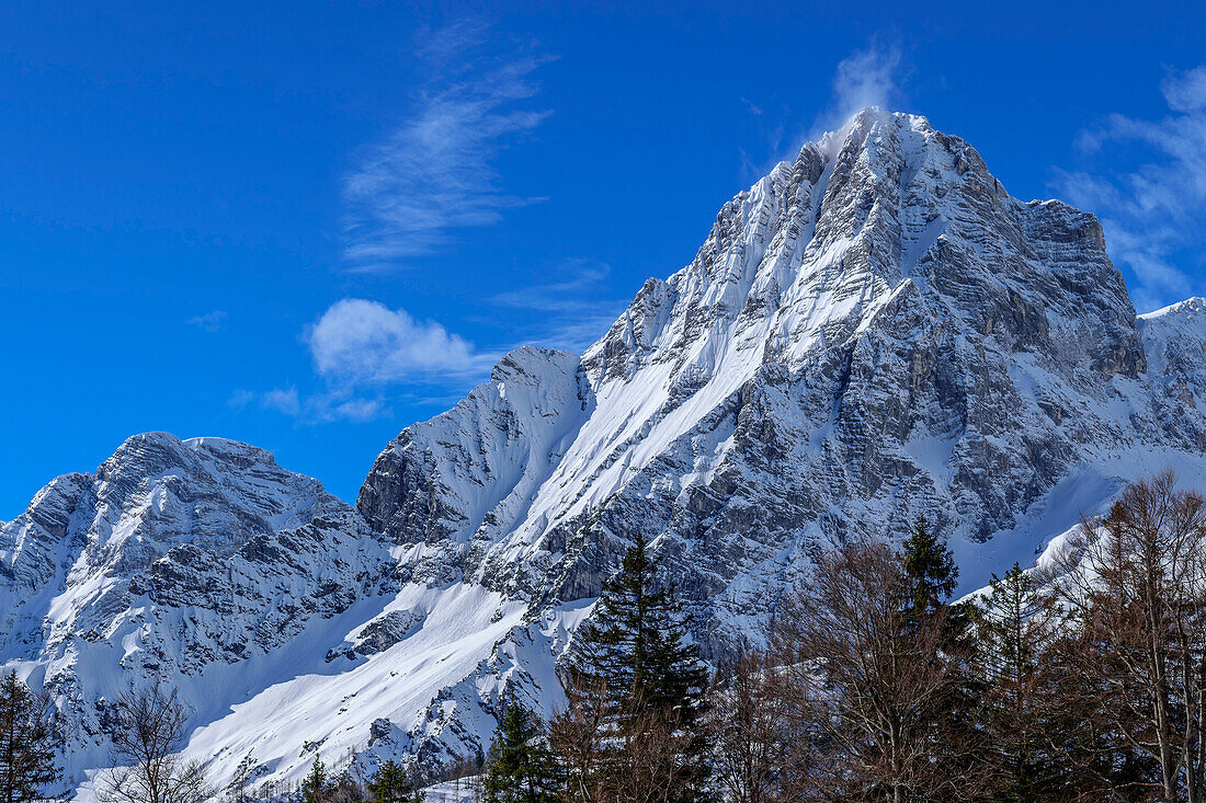  View of wintry Spitzmauer, from Kirtagskar, Totes Gebirge, Upper Austria, Austria 