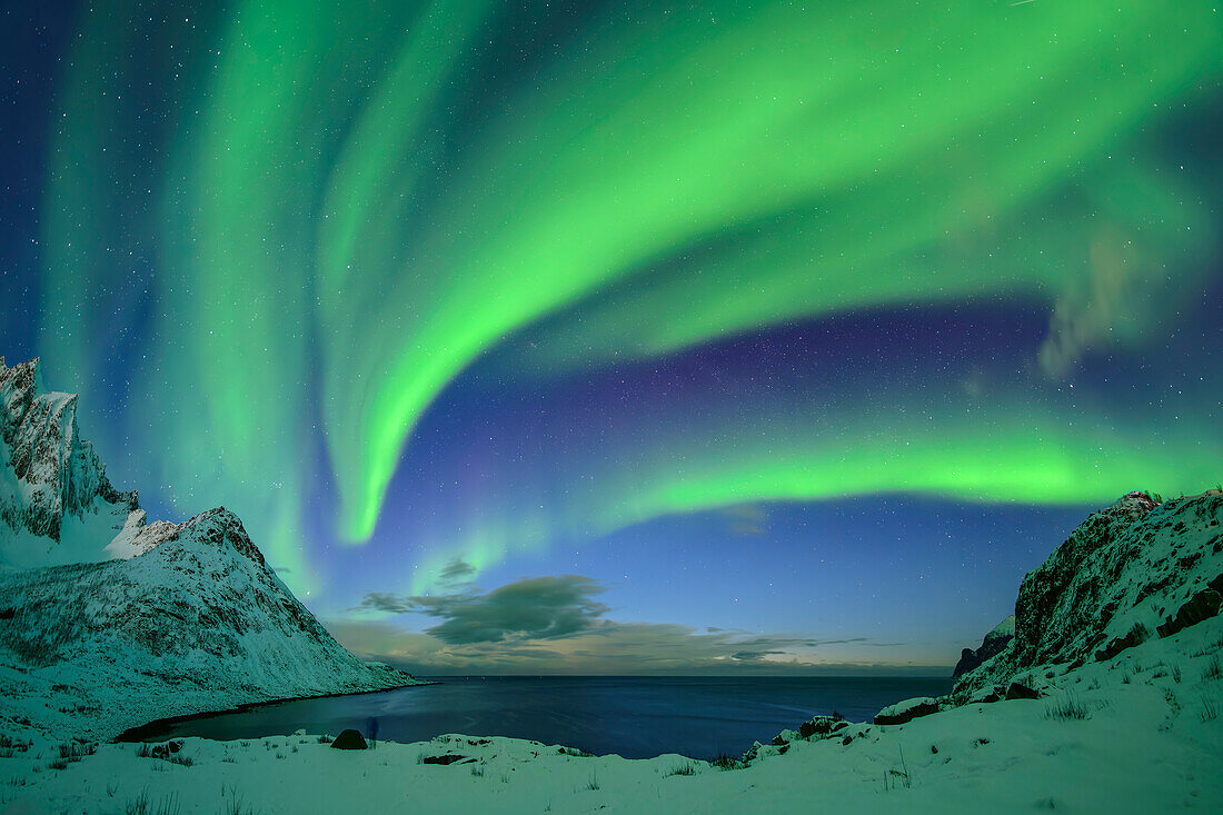 Polarlichter über dem Mefjord, Mefjordvaer, Senja, Troms, Norwegen