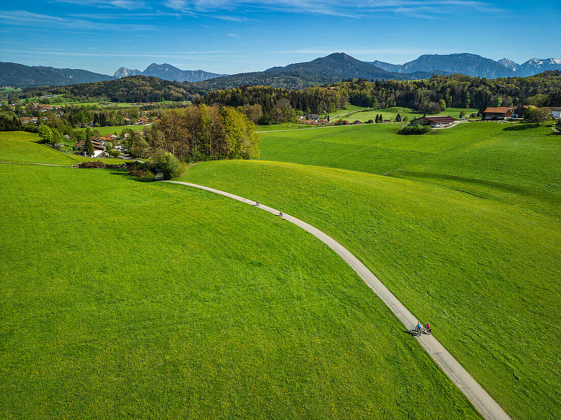  Several people cycling through the Alpine foothills, Siegsdorf, Lake Constance-Königssee cycle path, Upper Bavaria, Bavaria, Germany 