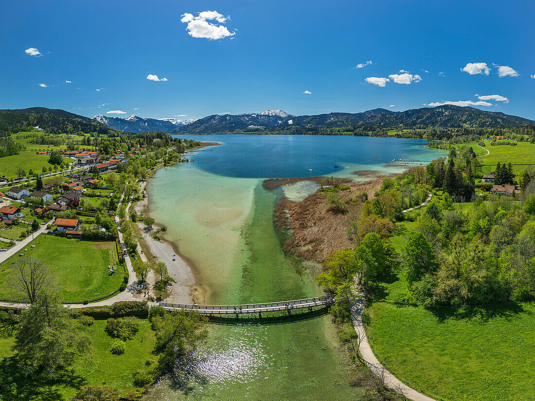  Aerial view with Tegernsee and Bavarian Alps, Gmund, Lake Constance-Königssee cycle path, Upper Bavaria, Bavaria, Germany 