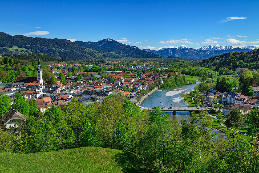  View of Bad Tölz and Isar Valley, Lake Constance-Königssee Cycle Route, Bad Tölz, Upper Bavaria, Bavaria, Germany 