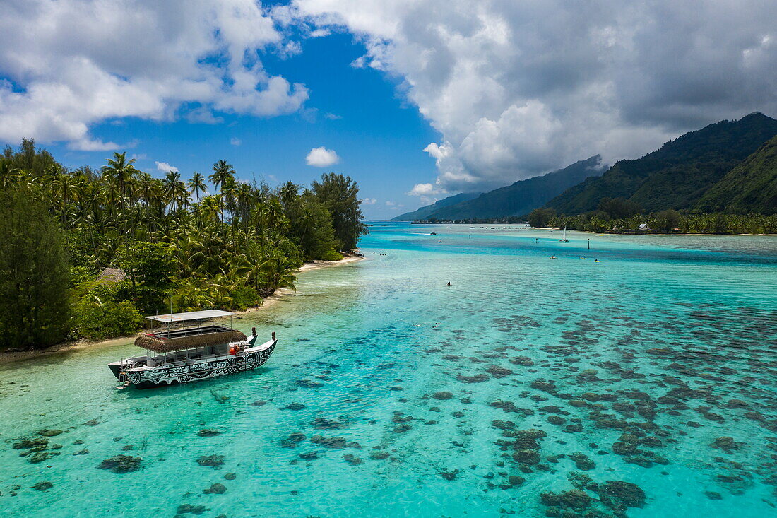 Luftaufnahme eines Ausflugsbootes in der Lagune, Moorea, Windward Islands, Französisch-Polynesien, Südpazifik