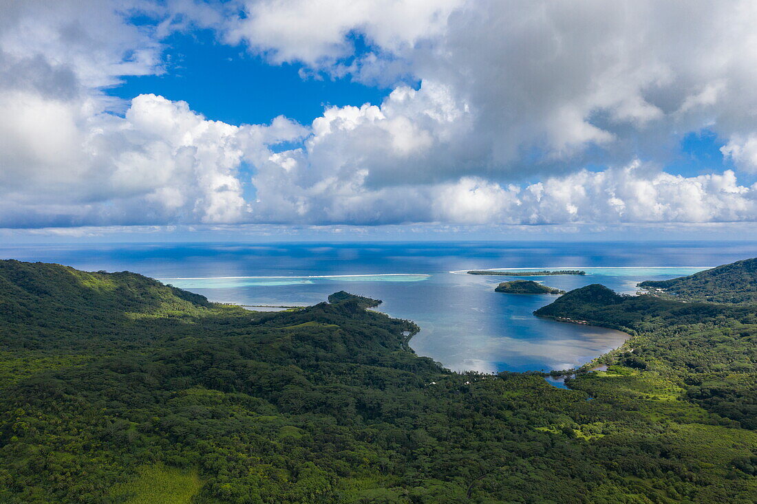  Aerial view of lush landscape and lagoon, Raiatea, Leeward Islands, French Polynesia, South Pacific 