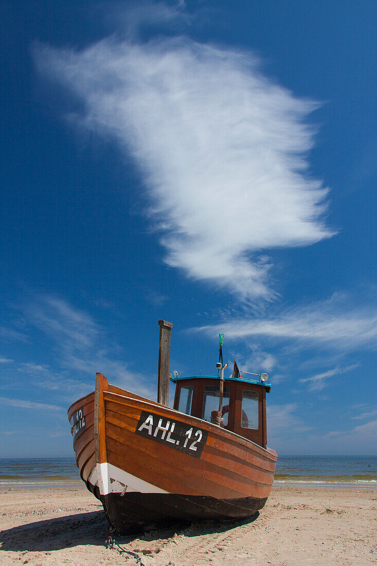  Fishing boat on the beach of Ahlbeck, Usedom Island, Mecklenburg-Western Pomerania, Germany 