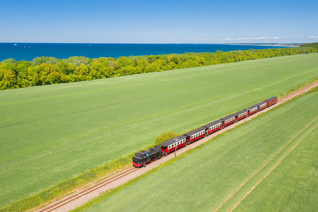 Schmalspurbahn Molli fährt an der Ostsee zwischen Bad Doberan und Kühlungsborn, Meckenburg-Vorpommern, Deutschland