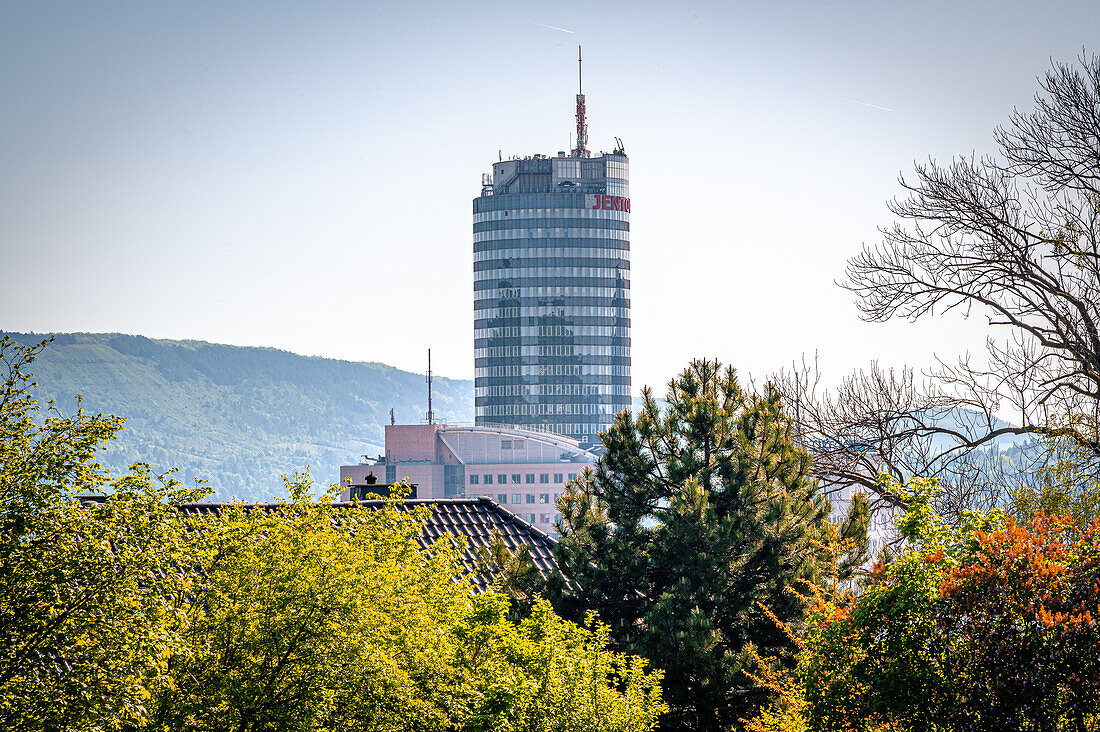  View towards Jenatower from Friedensberg in sunshine, Jena, Thuringia, Germany 