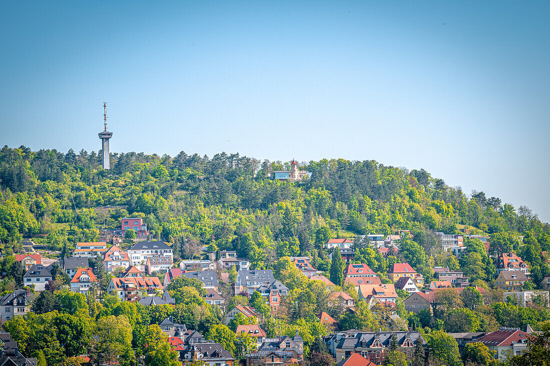  View of the Landgrave of Jena with its observation tower and restaurant from the Friedensberg, Jena, Thuringia, Germany 