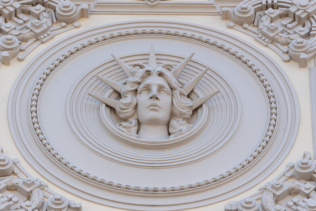  Detail of an Art Nouveau building designed by Michael Eisenstein at Alberta iela 13, buildings on this street are part of the Unesco World Heritage, Riga, Latvia 